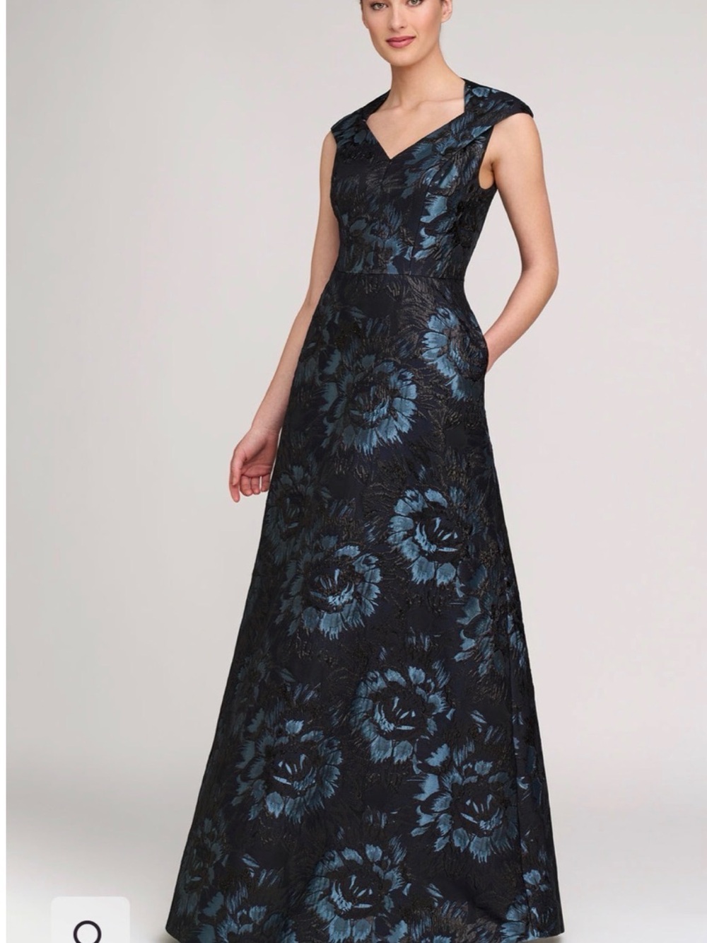 Kay Unger Black and Blue Floral Jacquard Maxi Gown
